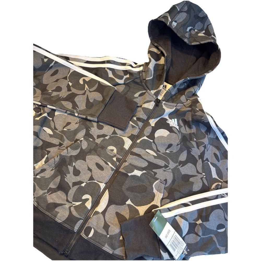 ADIDAS Black Camo Zip-Front Essential 3-Stripe Fleece Hoodie Girl's LARGE 14
